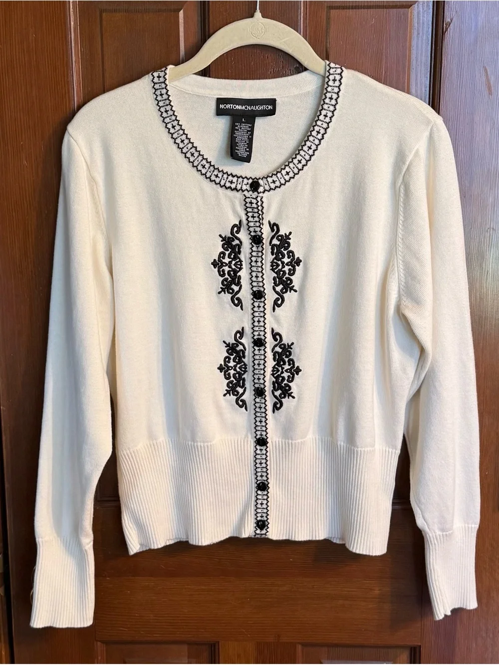 Norton McNaughton Cream Cardigan with Black Embroidery